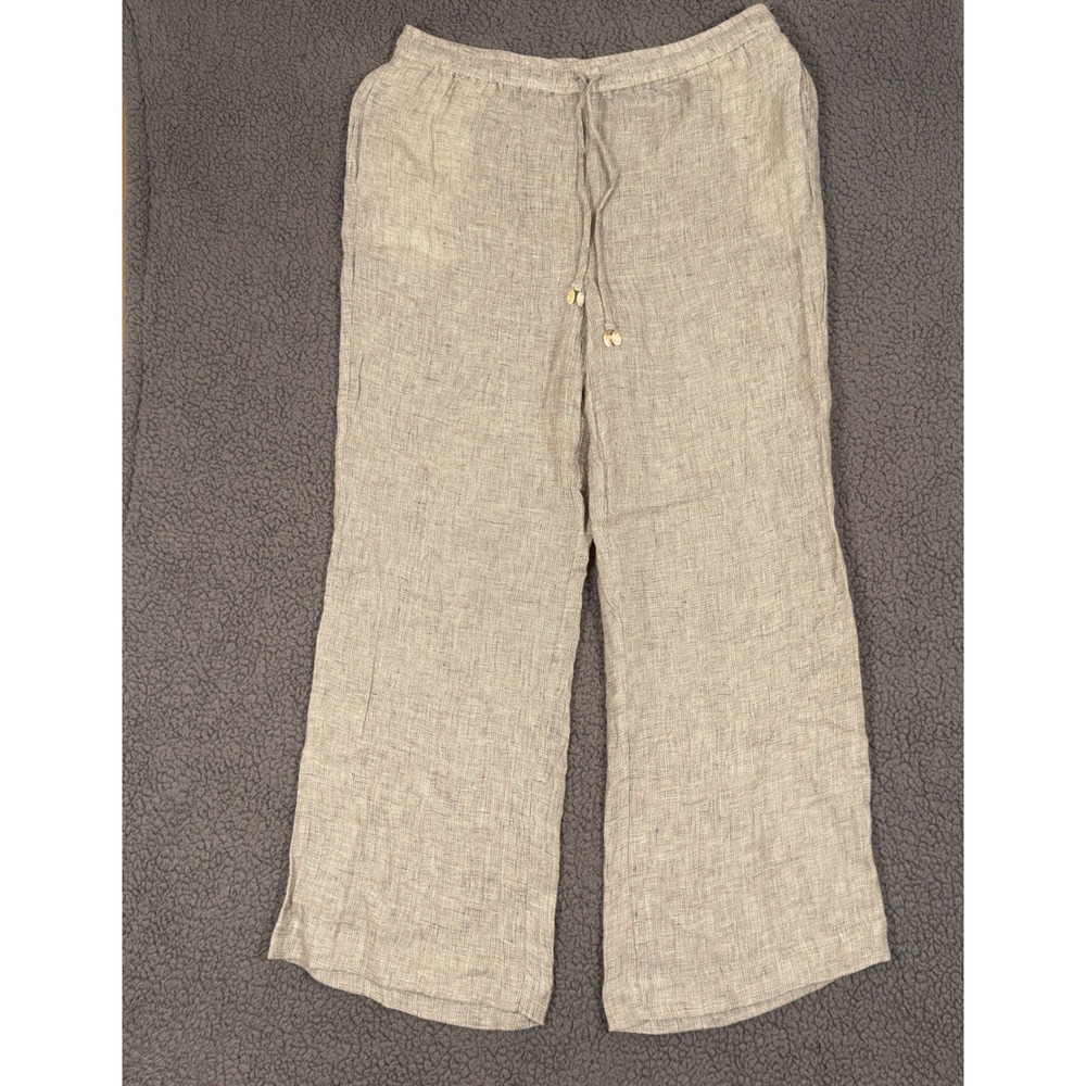 Zara Pants Womens XXL 100% Linen Wide Leg Drawstring Tan Beige Textured Pull On